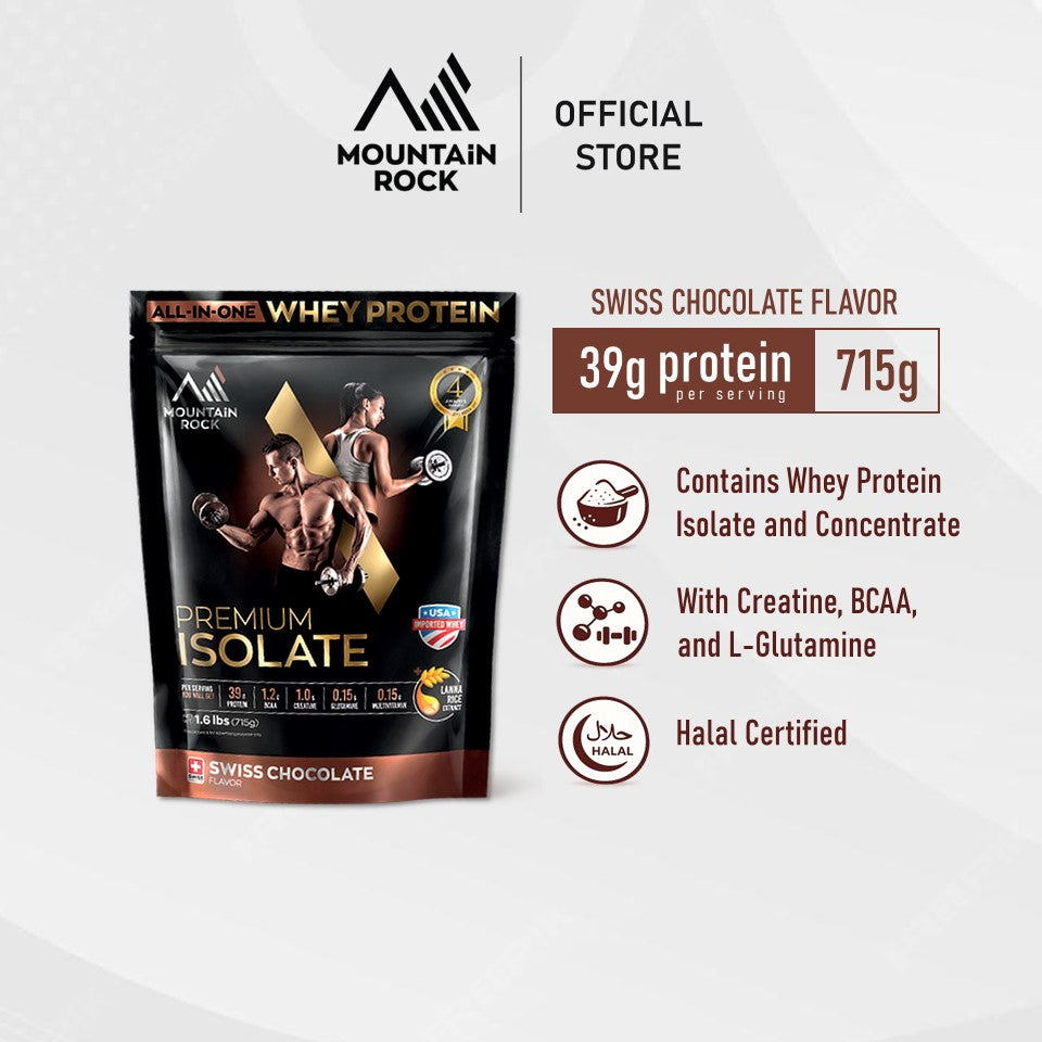 Mountain Rock Premium Isolate All-In-One Whey Protein 715g Swiss Chocolate | International Award-Winning | Halal Certified