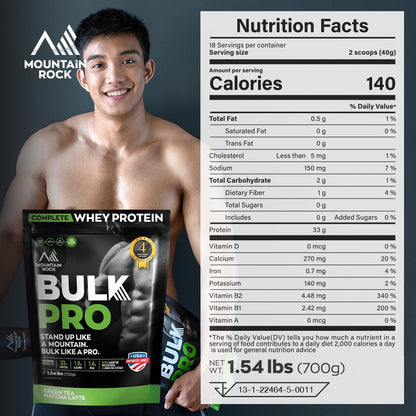 Mountain Rock Bulk Pro Complete Whey Protein 700g – Green Tea Matcha Latte | Mass Gainer, 33g Protein, Halal