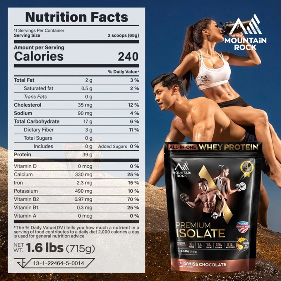Mountain Rock Premium Isolate All-In-One Whey Protein 715g Swiss Chocolate | International Award-Winning | Halal Certified