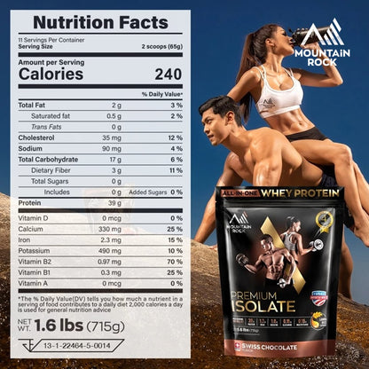 Mountain Rock Premium Isolate All-In-One Whey Protein 715g Swiss Chocolate | International Award-Winning | Halal Certified